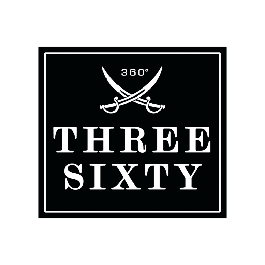 Schwarzes Three Sixty Logo mit weißer Schrift